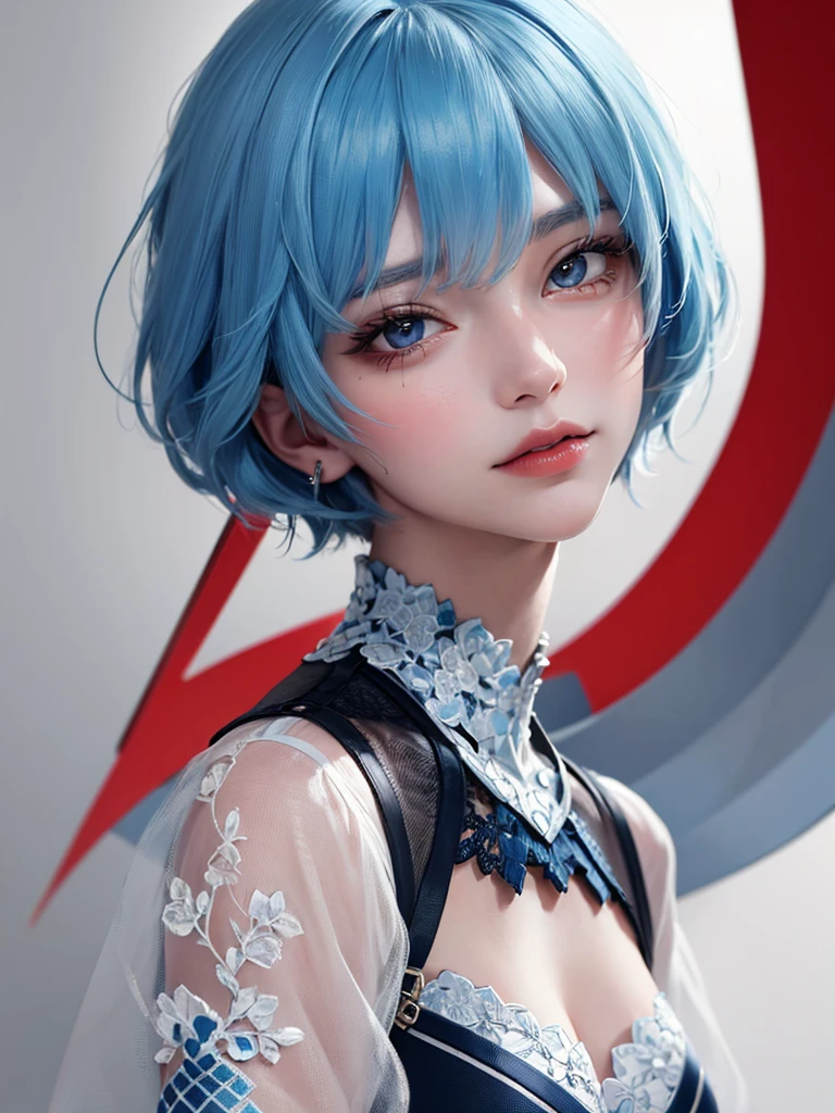 Masterpiece, Best Quality, 8K, Detailed Skin Texture, Detailed Cloth Texture, Beautiful Detail Face, Intricate Detail, Ultra Detailed, Portrait of Rei Ayanami, Blue Hair, Red Eyes, Head Tilt, No Background