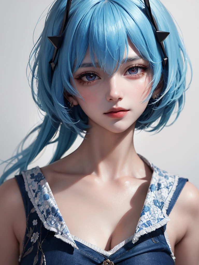Masterpiece, Best Quality, 8K, Detailed Skin Texture, Detailed Cloth Texture, Beautiful Detail Face, Intricate Detail, Ultra Detailed, Portrait of Rei Ayanami, Blue Hair, Red Eyes, Head Tilt, No Background