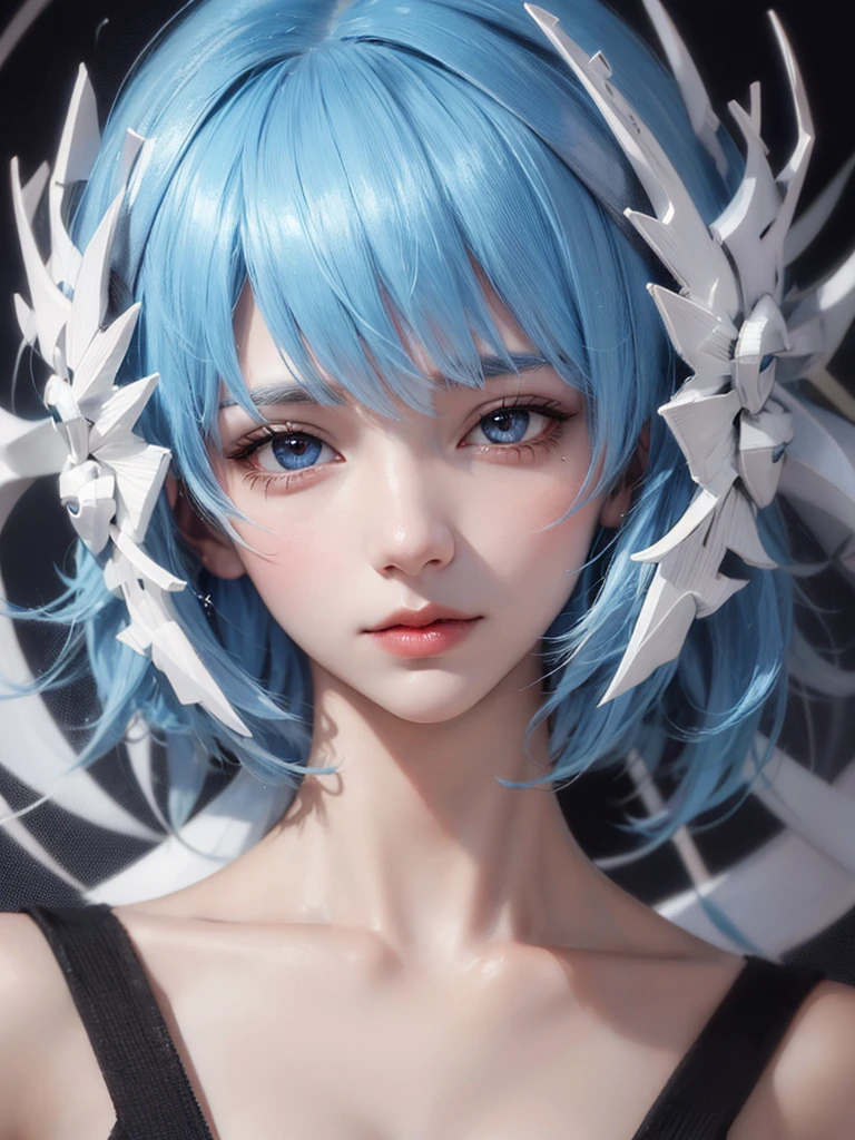 Masterpiece, Best Quality, 8K, Detailed Skin Texture, Detailed Cloth Texture, Beautiful Detail Face, Intricate Detail, Ultra Detailed, Portrait of Rei Ayanami, Blue Hair, Red Eyes, Head Tilt, No Background