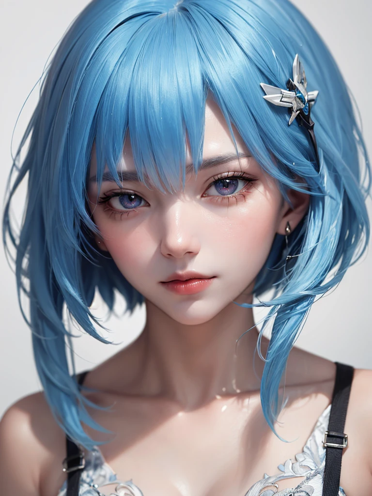 Masterpiece, Best Quality, 8K, Detailed Skin Texture, Detailed Cloth Texture, Beautiful Detail Face, Intricate Detail, Ultra Detailed, Portrait of Rei Ayanami, Blue Hair, Red Eyes, Head Tilt, No Background