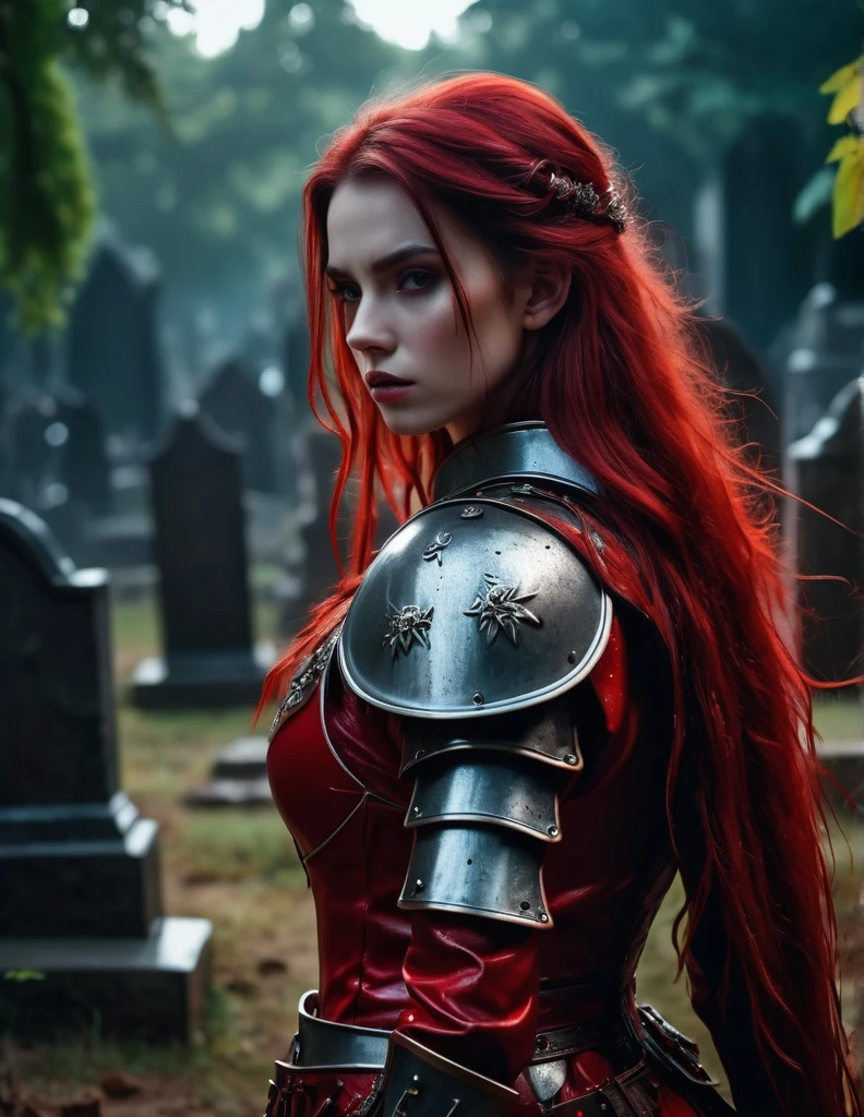 quality(8k wallpaper of extremely detailed CG unit, masterpiece, hight resolution, top-quality, top-quality real texture skin,hyper realisitic, digitial painting,increase the resolution,RAW photos,best qualtiy,highly detailed,the wallpaper),BREAK,8K, Girl in red messy and dirty armor , darkfantasy, standing in middle of Graveyard , shot from back, long messy red hair, night, horror scene, horror movie, horror mood