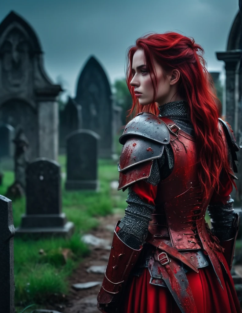 quality(8k wallpaper of extremely detailed CG unit, masterpiece, hight resolution, top-quality, top-quality real texture skin,hyper realisitic, digitial painting,increase the resolution,RAW photos,best qualtiy,highly detailed,the wallpaper),BREAK,8K, Girl in red messy and dirty armor , darkfantasy, standing in middle of Graveyard , shot from back, long messy red hair, night, horror scene, horror movie, horror mood