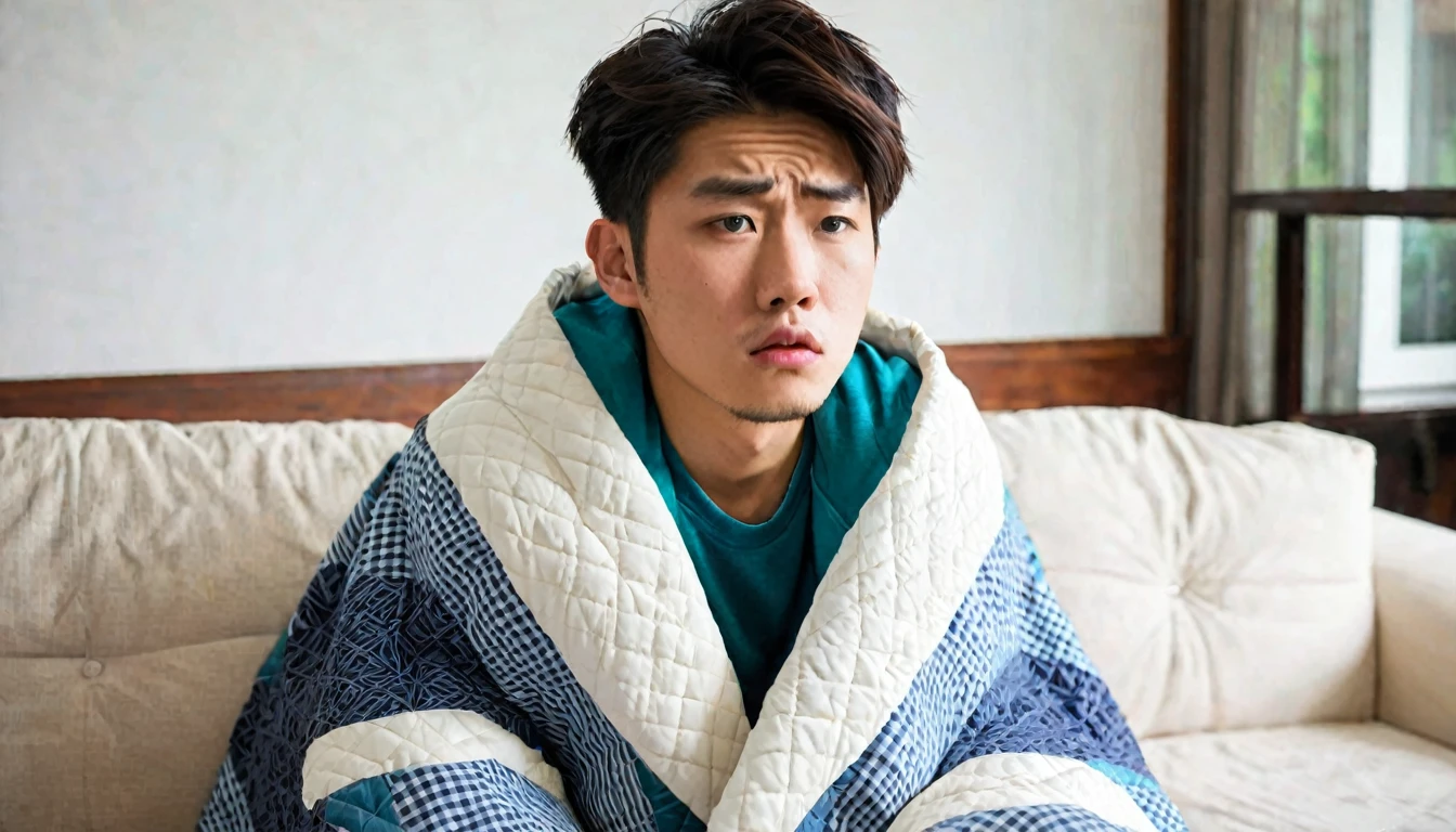 A 20-year-old Asian man sitting on the sofa in the living room,Wear a big cotton jacket,Wrapped in a quilt,Shivering,The expression is nervous
