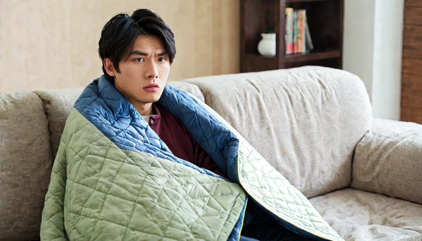 A 20-year-old Asian man sitting on the sofa in the living room,Wear a big cotton jacket,Wrapped in a quilt,Shivering,The expression is nervous