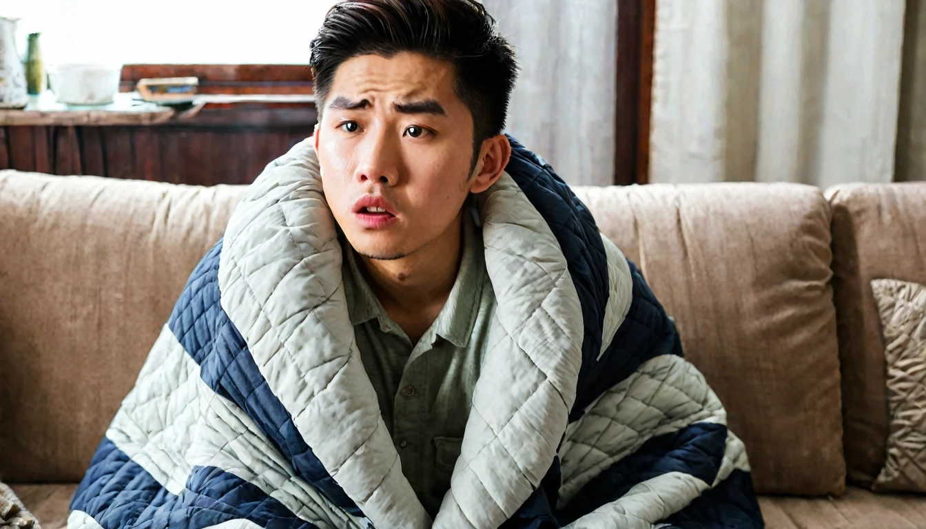 A 20-year-old Asian man sitting on the sofa in the living room，Wear a big cotton jacket，Wrapped in a quilt，Shivering，The expression is nervous