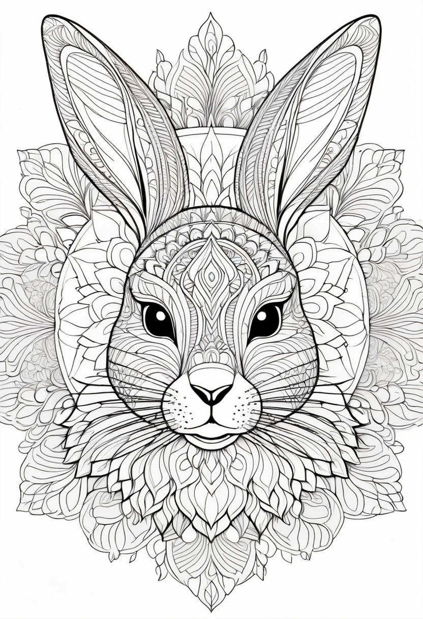 A striking black and white line art coloring page designed for adults with white background, featuring a majestic bunny in a mandala-inspired style. The bunny is adorned with intricate patterns that include floral and geometric designs, making it an engaging and detailed work of art. The illustration focuses on crisp, clean lines and bold outlines, without any shading or color, allowing the user to bring their own vibrancy to the piece. The minimalistic design, with its thick lines and absence of background details, creates a soothing coloring experience for adults seeking calming and creative activities. illustration