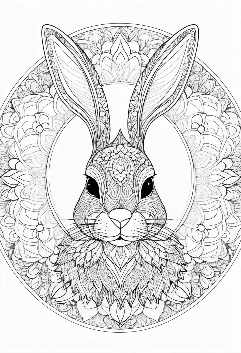 A striking black and white line art coloring page designed for adults with white background, featuring a majestic bunny in a mandala-inspired style. The bunny is adorned with intricate patterns that include floral and geometric designs, making it an engaging and detailed work of art. The illustration focuses on crisp, clean lines and bold outlines, without any shading or color, allowing the user to bring their own vibrancy to the piece. The minimalistic design, with its thick lines and absence of background details, creates a soothing coloring experience for adults seeking calming and creative activities. illustration