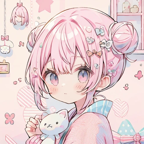 Pink Hair、Girl with bun hairstyle、Holding a stuffed toy、Sleepy look