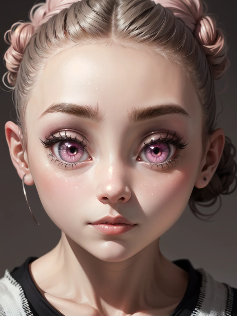 woman, front, hairbun, pink eyes, big eyes, grey bakcground