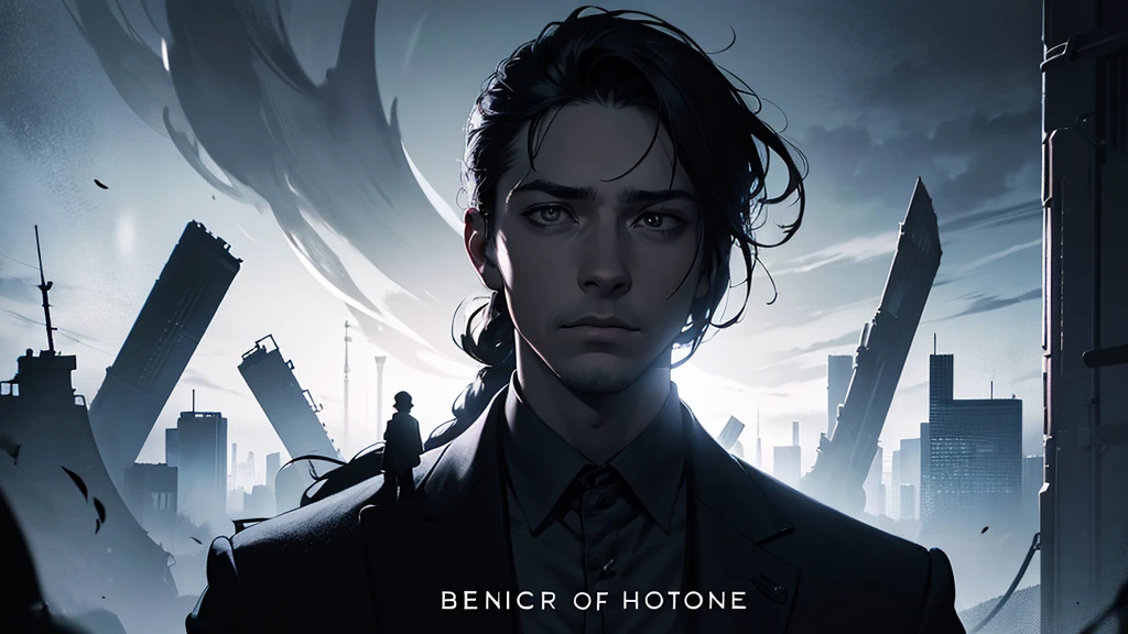musical album cover, half light, half shadow, face of a man looking forward with a sad look,with this letter, dark futuristic realistic Title: "Between Shadows and Hope" 