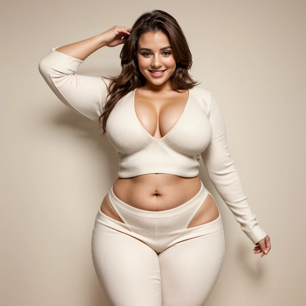 HD wallpaper 32k cinematic shoot of a Beautiful cute girl, with thick thighs and a curvy waist, wearing a white full sleeve sweater, ((long slim waist)), ((navel)), ((standing straight)), ((open neckline)), ((smiling))