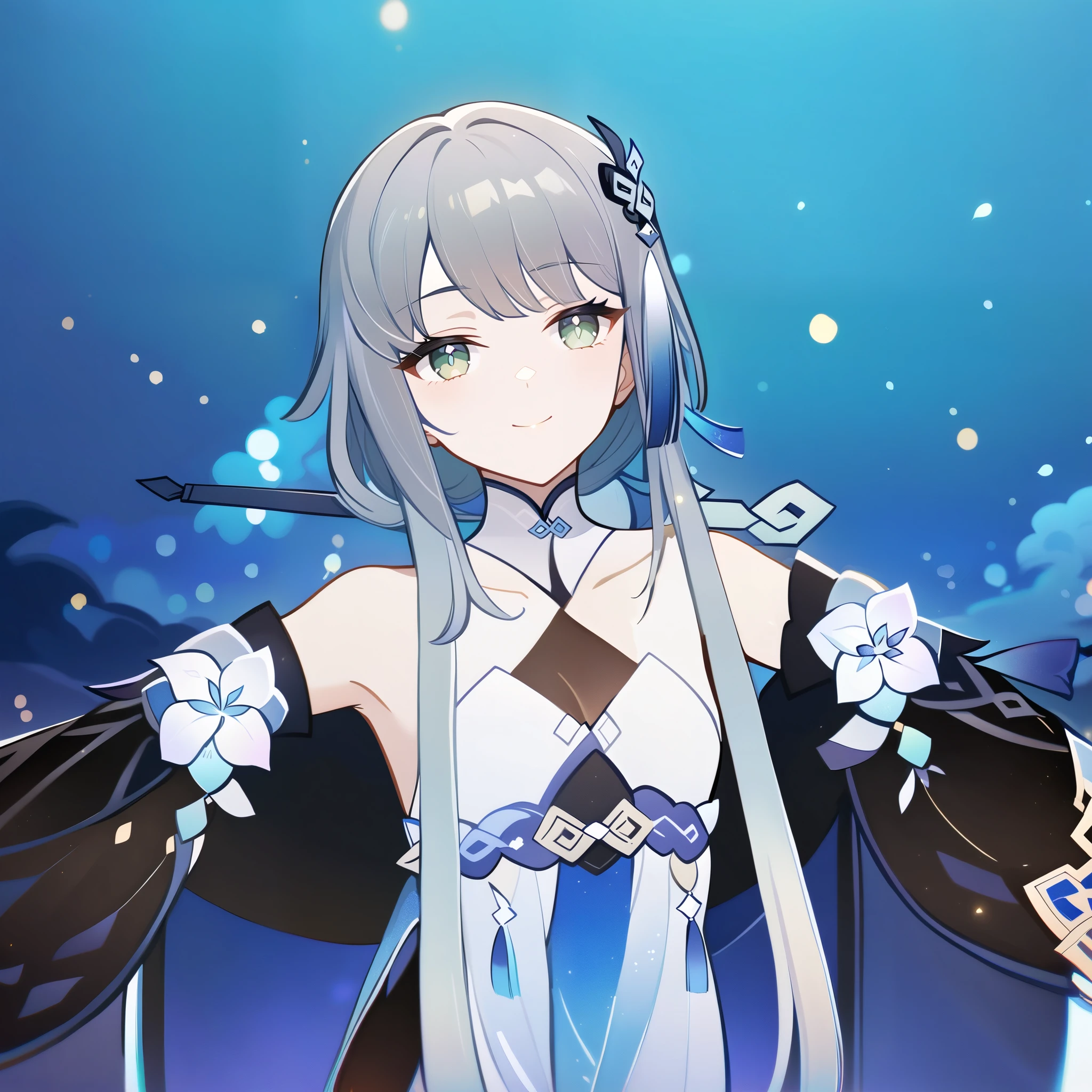 1girl, guizhong_\(genshin_impact\),light grey hair,short_hair_with_long_locks,starry_sky_print,detached_sleeves, long sleeves that drape over hands past fingers,dancing,hanfu,pale green-grey eyes,stunning field of softly glowing blue and white glaze lilies,night scene,gentle smile,moonlight,glossy lips,soft anime coloring,cel shading,smooth, soft dreamy focus,anklet,halter_top,white clothes,highly detailed,digital painting,field of flowers,bare_shoulders,mihoyo,barefoot,cool night tones, magical night scene,masterpiece, best quality, film, bokeh, multicolored light particles,professional, 4k, highly detailed,fireflies,Guardian nebula of rainbow light and silvery vapor,ai-generated,goddess of stardust,realistic:.25,starry_sky,milkyway