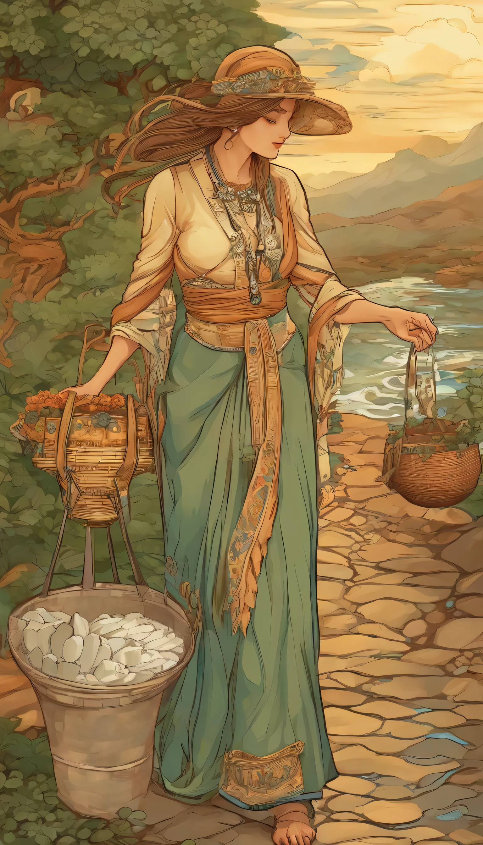 women carrying water buckets from the market, moving from left to right, horizon, rule of thirds, Heterogeneous skin tone, horizon Women, Cultural art, sunset, 8K, Full body like Best quality painting, Masterpiece, Super detail, High details, High quality, Best quality, A high resolution, realistic,