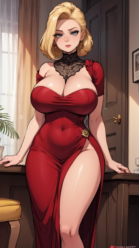 Blond lady in red dress，Big and round breasts