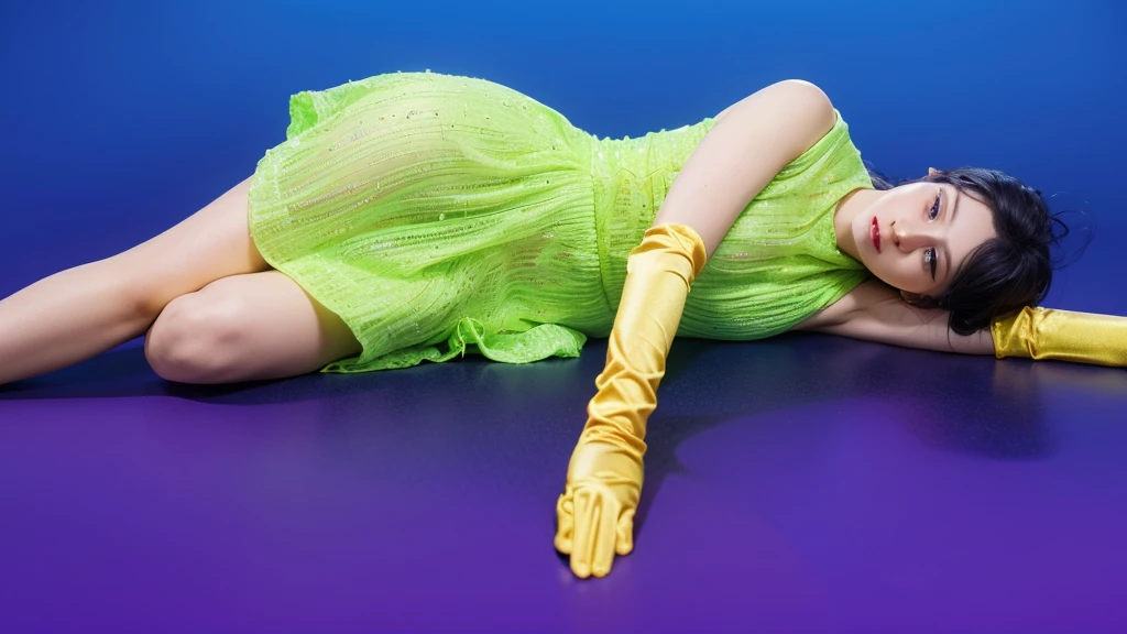 This image features a woman with striking blue hair lying down in a relaxed pose. She's dressed in a green dress adorned with a subtle star pattern, and wears long yellow satin gloves that complement her vibrant look. The contrast between her bold hair color and the deep blue background adds a visually compelling element to the scene. Her expression is peaceful, as she appears to be in a state of rest or deep thought, adding a serene and somewhat dreamlike quality to the image. The overall composition of the image is both eye-catching and charming, effectively conveying a sense of joy and creativity.ffects render, (glossy plastic texture with multiple big light probe refractions), perfect cgi, smooth silhouette, high intensity refraction, (super glossy plastic material), most beautiful vfx, , realistic, 4k, high resolution, rim light, smooth 3d model, multiple light sources, rim light, sharp post effects render,, realistic, 4k, high resolution, rim light detailed digital art, reflective, best quality, 4k, masterpiece:1.2, ultra-detailed, realistic, vivid colors, The image of the highest quality, ensuring every detail showcased perfectly. It in 4k resolution, allowing viewers to immerse themselves in the richness of the colors and intricate details. The realistic rendering. under the spotlight, reflecting, high-resolution image, realistic rendering