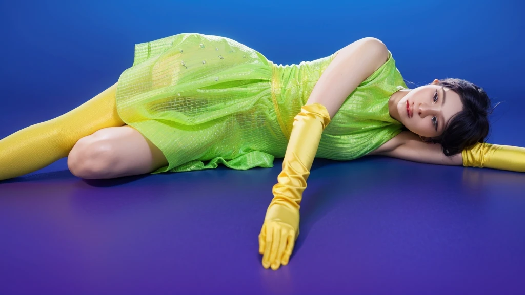 This image features a woman with striking blue hair lying down in a relaxed pose. She's dressed in a green dress adorned with a subtle star pattern, and wears long yellow satin gloves that complement her vibrant look. The contrast between her bold hair color and the deep blue background adds a visually compelling element to the scene. Her expression is peaceful, as she appears to be in a state of rest or deep thought, adding a serene and somewhat dreamlike quality to the image. The overall composition of the image is both eye-catching and charming, effectively conveying a sense of joy and creativity.ffects render, (glossy plastic texture with multiple big light probe refractions), perfect cgi, smooth silhouette, high intensity refraction, (super glossy plastic material), most beautiful vfx, , realistic, 4k, high resolution, rim light, smooth 3d model, multiple light sources, rim light, sharp post effects render,, realistic, 4k, high resolution, rim light detailed digital art, reflective, best quality, 4k, masterpiece:1.2, ultra-detailed, realistic, vivid colors, The image of the highest quality, ensuring every detail showcased perfectly. It in 4k resolution, allowing viewers to immerse themselves in the richness of the colors and intricate details. The realistic rendering. under the spotlight, reflecting, high-resolution image, realistic rendering