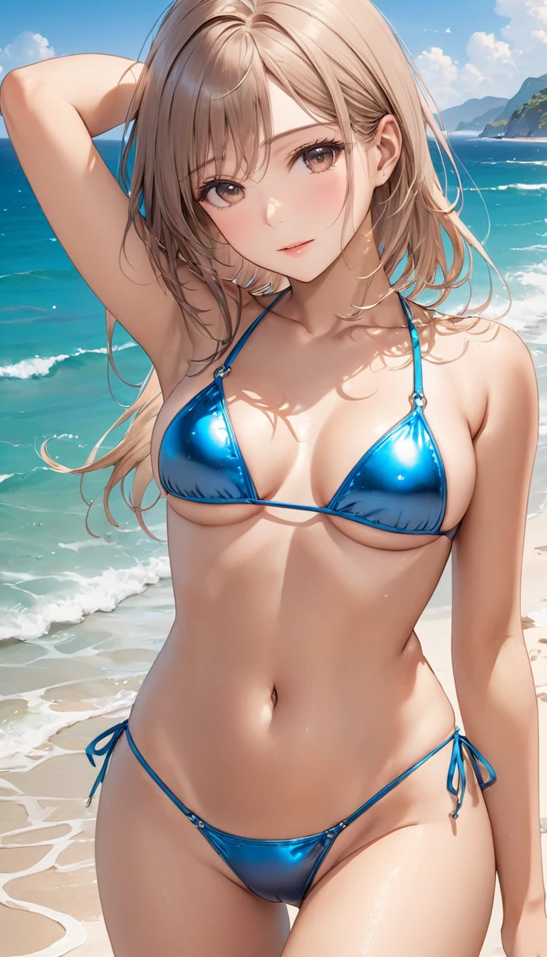 (masterpiece),(Highest quality),(Super detailed),(High resolution),(Highest quality),(An illustration),8k,woman,Shiny skin,Beautiful Skin,Beautiful Face,Micro Bikini,body shines with oil,Sandy Beach,(armpits)