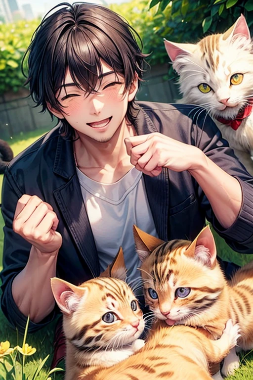 3 kittens,A man and his kitten,Man surrounded by kittens,smile,Refreshing Men,とびっきりの優しいsmile,Mouth wide open,blush,猫もsmile