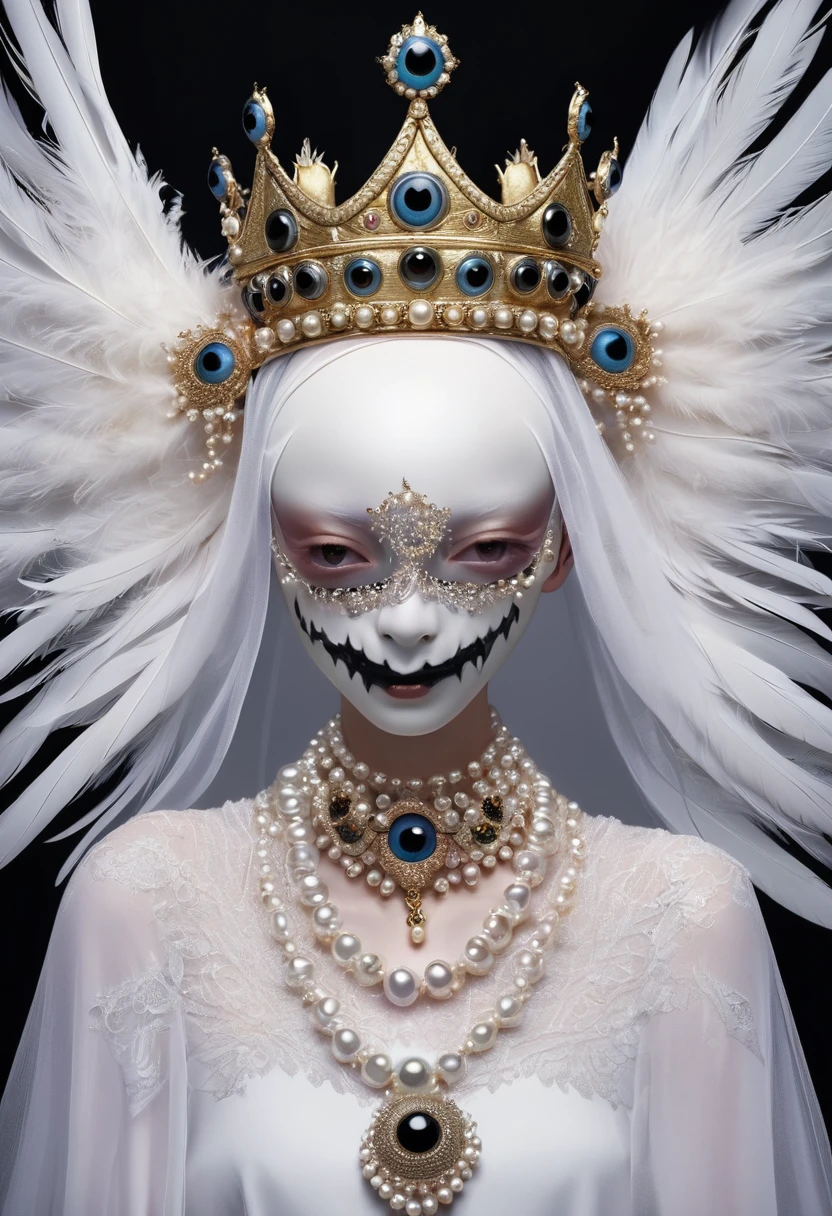 (masterpiece, best quality:1.2), Ugly faceless person，There are many eyeballs growing on the skin of the face，teeth， Solitary，black background，crown，veil，hand，Pearl Necklace，Feather wings