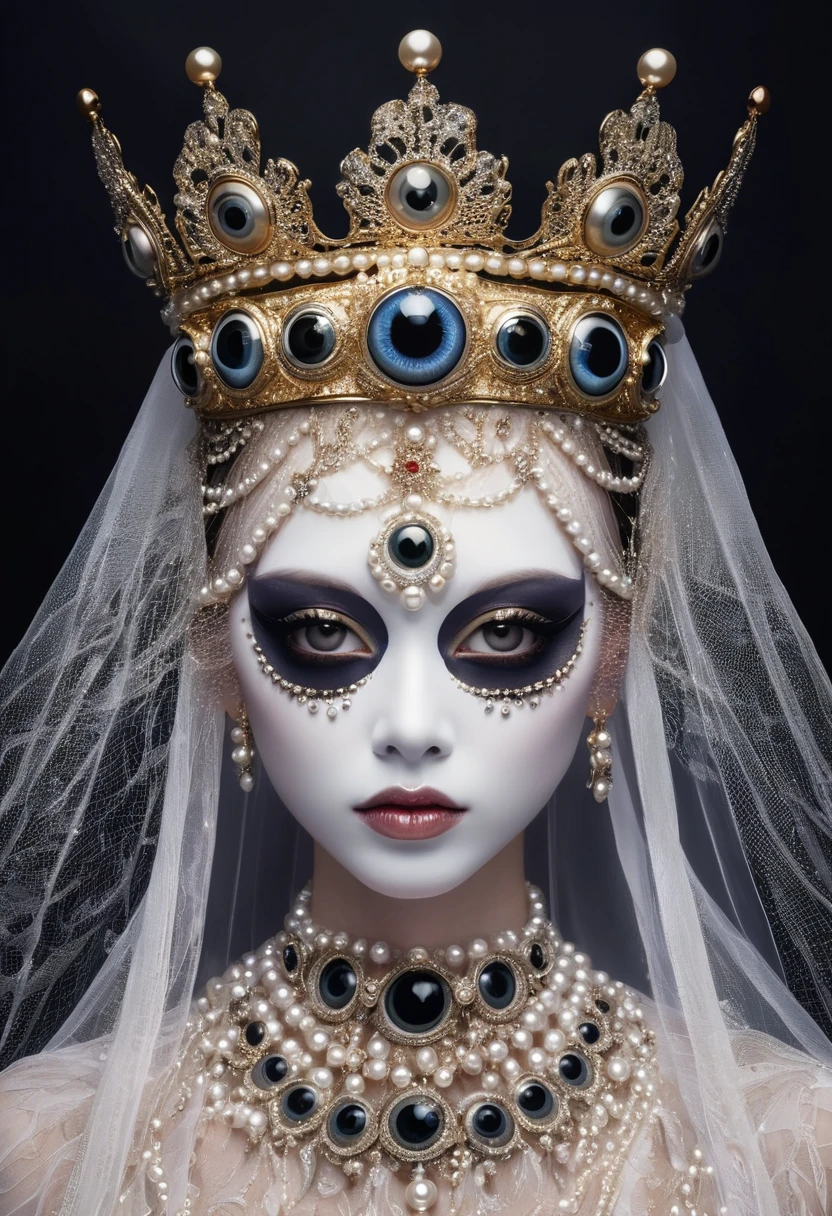 (masterpiece, best quality:1.2), Ugly faceless person,There are many eyeballs growing on the skin of the face,teeth, Solitary,black background,crown,veil,hand,Pearl Necklace,Feather wings