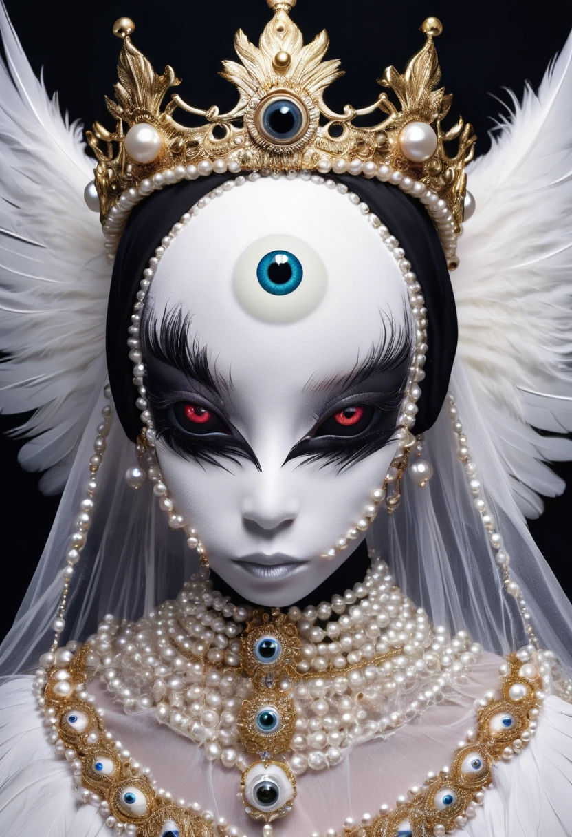 (masterpiece, best quality:1.2), Ugly faceless person，There are many eyeballs growing on the skin of the face，teeth， Solitary，black background，crown，veil，hand，Pearl Necklace，Feather wings