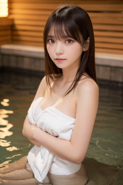 masterpiece, Best Quality, One girl, (a beauty Girl:1.3), (:1.3), Very fine eye definition, (Symmetrical eyes:1.3), (onsen), (nude, bath towel:1.2), beautiful breasts, Brown eyes, Parted bangs, Brown hair, (eyes and faces with detailed:1.1)