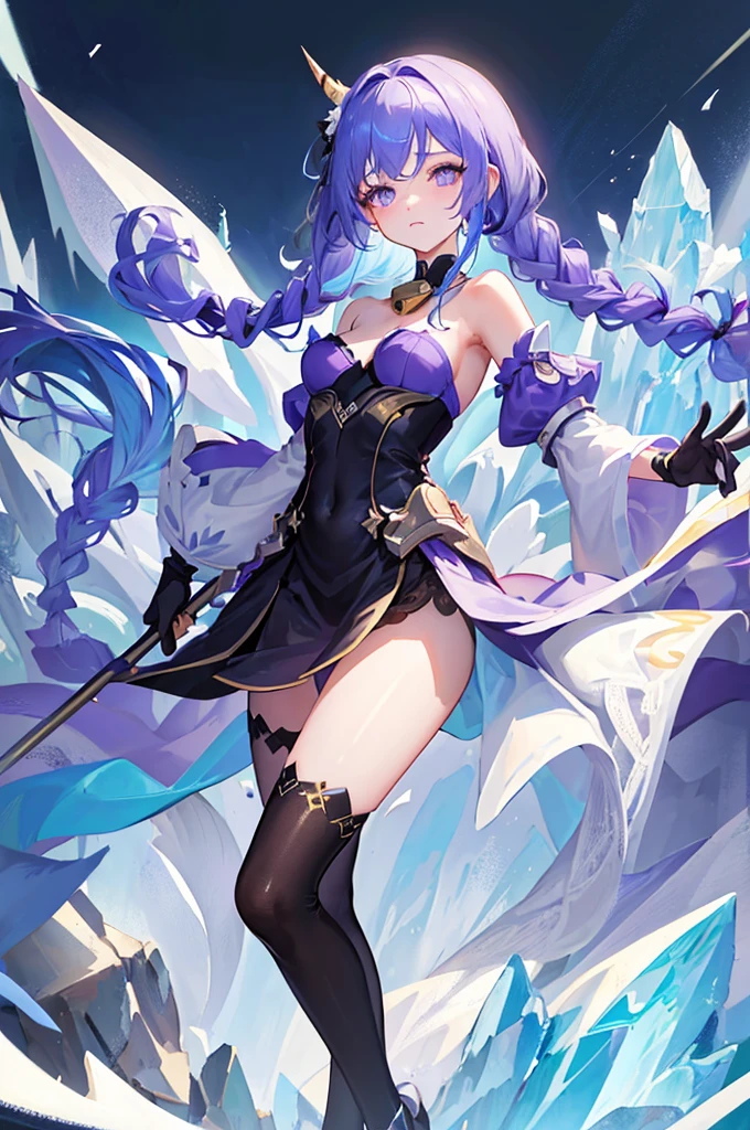 One girl, alone, whole body, Hired_Genshin Impact, Long Hair, Blue Hair, Purple eyes, horn, Exposing shoulders, Neck bell, Black Pantyhose, Removable sleeves, Black gloves, Pelvic Curtain, Outdoor, Mountain, ice-flurry, ice-arrow, ice, crystallization, ice flower, magic, Dynamic pose, Has a bow weapon,(masterpiece, Highest quality, Highest quality), pixel,pixel art,One girl,whole body,Elegant and sexy girl，Purple eyes，Very long twin braids。vector，Bright colors