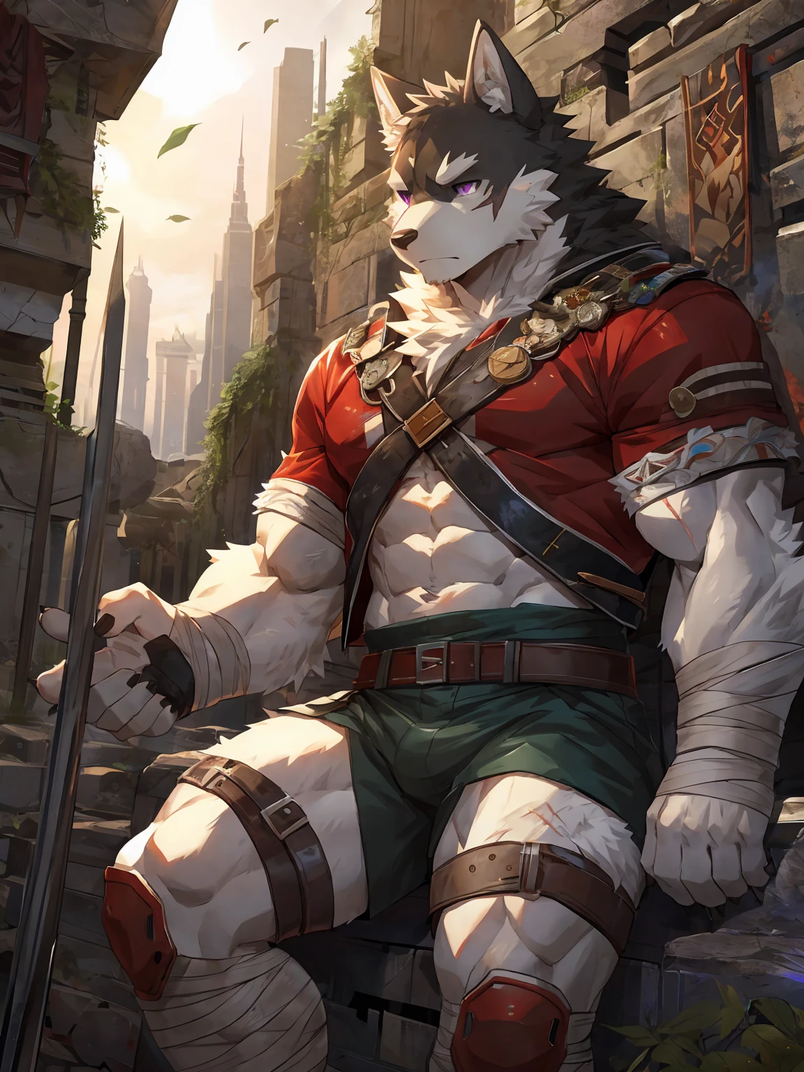 embedding:black wolf, male,purple eyes,Scar on the face, scar on the body,Single person,The end of the world,sit in the ruins,His leg was bandaged,A shabby uniform,Modern cities,A heavy expression,Serious expression, a little sad.Fleshy thighs,Thigh straps,With an iron bar in his hand,The highest quality of scene detail,adult,Tall and powerful,muscle,Best quality hands, best quality eye,detailed fur,Delicate eyes.Extreme picture quality,by sollyz,by zixiong,by milkytiger1145