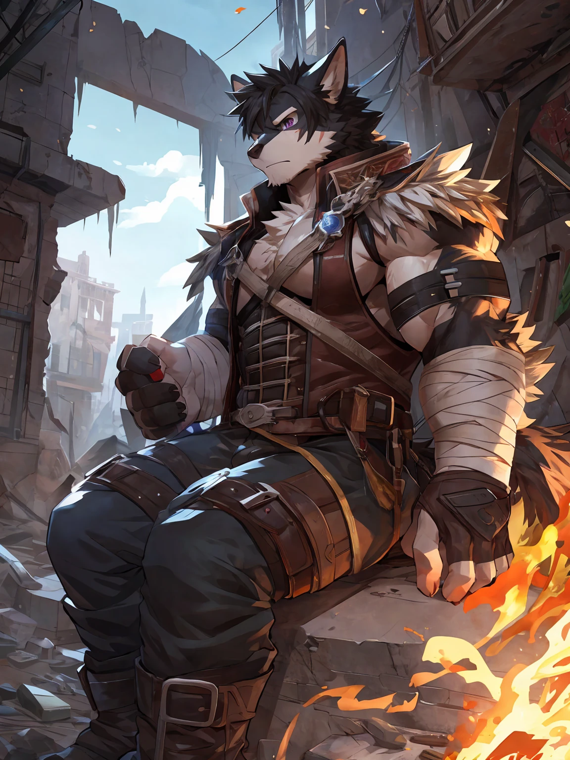 embedding:black wolf, male,purple eyes,Scar on the face, scar on the body,Single person,The end of the world,sit in the ruins,His leg was bandaged,A shabby uniform,Modern cities,A heavy expression,Serious expression, a little sad.Fleshy thighs,Thigh straps,With an iron bar in his hand,The highest quality of scene detail,adult,Tall and powerful,muscle，Best quality hands, best quality eye，detailed fur，Delicate eyes.Extreme picture quality，by sollyz,by zixiong,by milkytiger1145