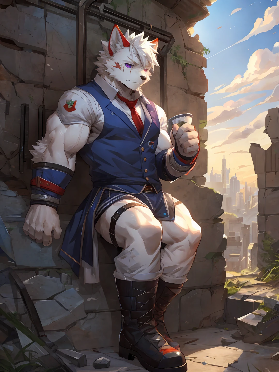 embedding:black wolf, male,purple eyes,Scar on the face, scar on the body,Single person,The end of the world,sit in the ruins,His leg was bandaged,A shabby uniform,Modern cities,A heavy expression,Serious expression, a little sad.Fleshy thighs,Thigh straps,With an iron bar in his hand,The highest quality of scene detail,adult,Tall and powerful,muscle,Best quality hands, best quality eye,detailed fur,Delicate eyes.Extreme picture quality,by sollyz,by zixiong,by milkytiger1145