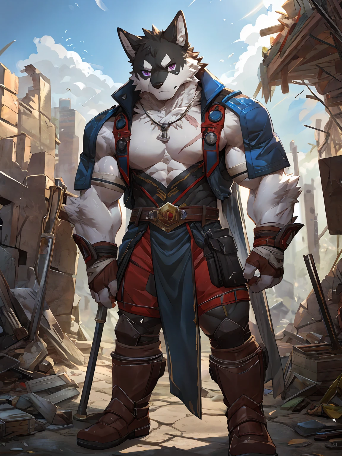 embedding:black wolf, male,purple eyes,Scar on the face, scar on the body,Single person,The end of the world,sit in the ruins,His leg was bandaged,A shabby uniform,Modern cities,A heavy expression,Serious expression, a little sad.Fleshy thighs,Thigh straps,With an iron bar in his hand,The highest quality of scene detail,adult,Tall and powerful,muscle，Best quality hands, best quality eye，detailed fur，Delicate eyes.Extreme picture quality，by sollyz,by zixiong,by milkytiger1145