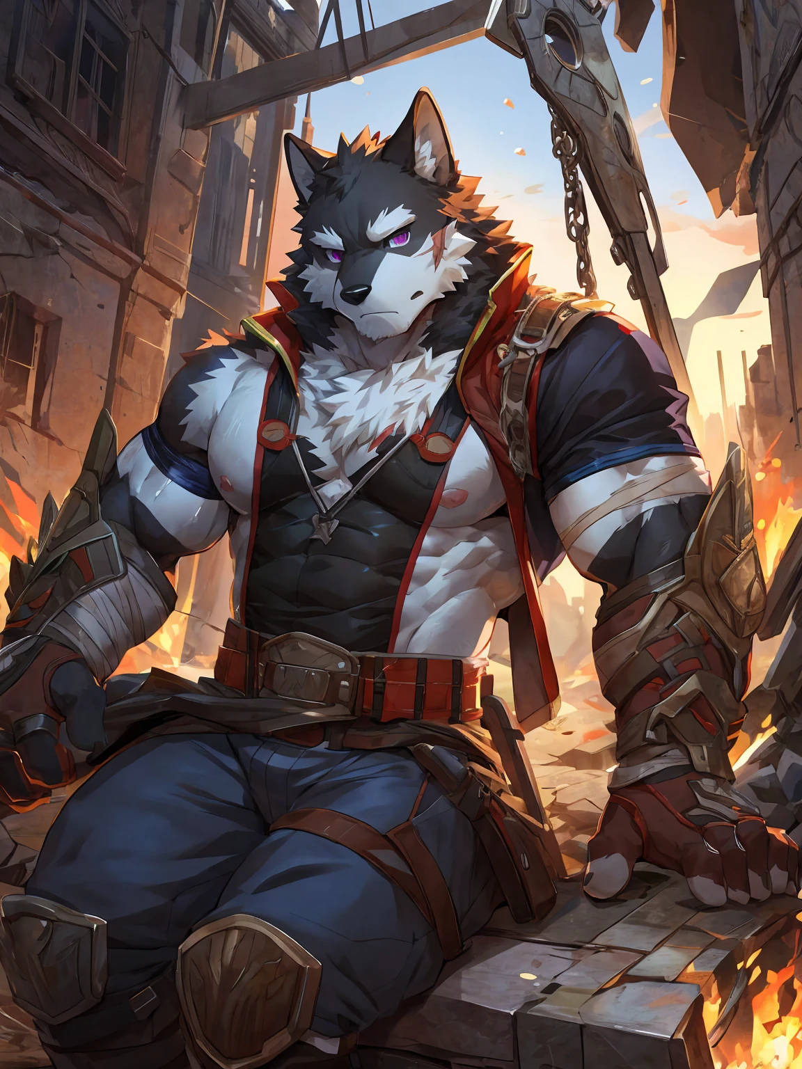 embedding:black wolf, male,purple eyes,Scar on the face, scar on the body,Single person,The end of the world,sit in the ruins,His leg was bandaged,A shabby uniform,Modern cities,A heavy expression,Serious expression, a little sad.Fleshy thighs,Thigh straps,With an iron bar in his hand,The highest quality of scene detail,adult,Tall and powerful,muscle,Best quality hands, best quality eye,detailed fur,Delicate eyes.Extreme picture quality,by sollyz,by zixiong,by milkytiger1145