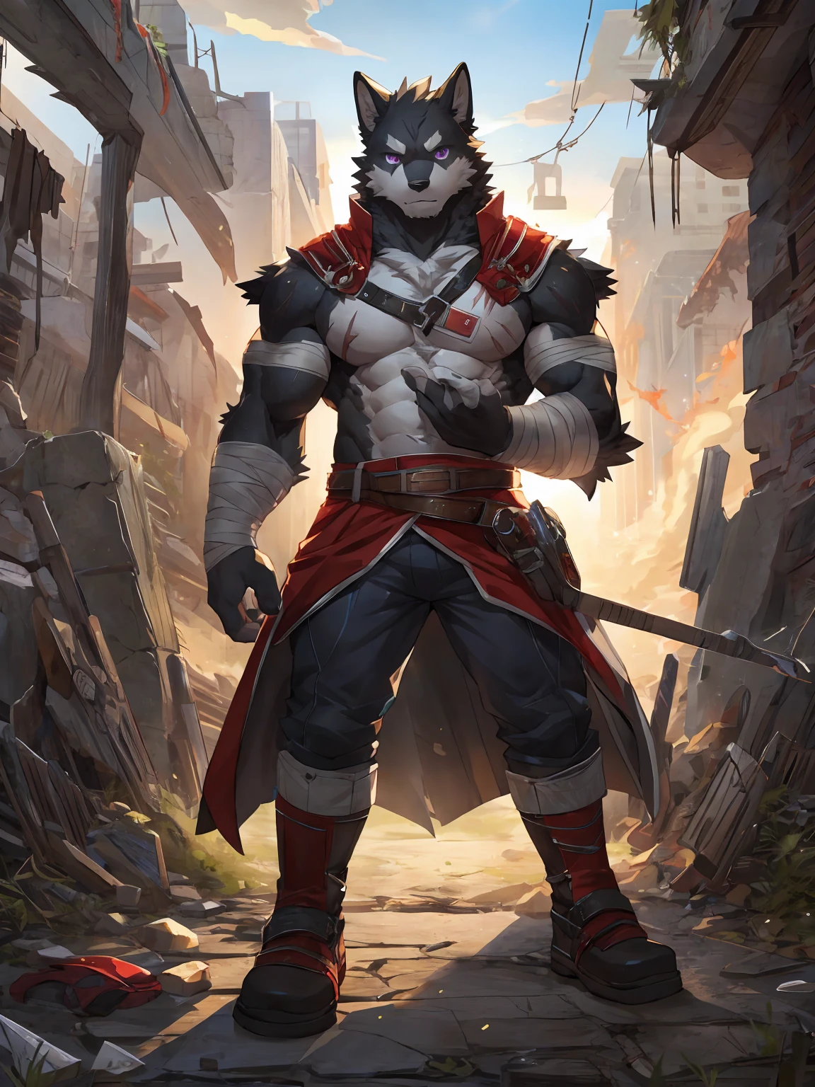embedding:black wolf, male,purple eyes,Scar on the face, scar on the body,Single person,The end of the world,sit in the ruins,His leg was bandaged,A shabby uniform,Modern cities,A heavy expression,Serious expression, a little sad.Fleshy thighs,Thigh straps,With an iron bar in his hand,The highest quality of scene detail,adult,Tall and powerful,muscle,Best quality hands, best quality eye,detailed fur,Delicate eyes.Extreme picture quality,by sollyz,by zixiong,by milkytiger1145