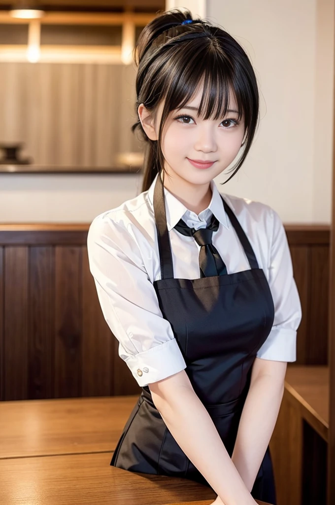 (Highest quality,masterpiece:1.3,Ultra-high resolution,),(Very detailed,Caustics),(Realistic:1.4,RAW shooting,)Ultra-Realistic Capture,Very detailed,High resolution 16k human skin closeup。 Natural skin texture、,pores、、、、It must be detailed enough to be easily identifiable。 Skin tone is even and healthy looking。 Use natural light and colour,restaurant,Waitress Uniform,1 girl,Japanese,18-year-old,cute,Black-haired,ponytail,Big Breasts,smile,Turn your body forward,(Front view:1.1),Looking into the camera,Cowboy Shot,
