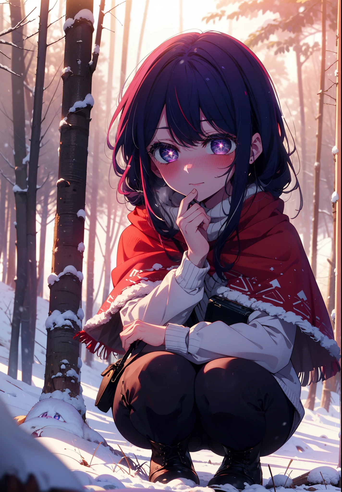 aihoshino, Ai Hoshino, Long Hair, bangs, (Purple eyes:1.1), Purple Hair, (Symbol-shaped pupil:1.5), smile,,smile,blush,white breath,
Open your mouth,snow,Ground bonfire, Outdoor, boots, snowing, From the side, wood, suitcase, Cape, Blurred, , forest, White handbag, nature,  Squat, Mouth closed, Cape, winter, Written boundary depth, Black shoes, red Cape break looking at viewer, Upper Body, whole body, break Outdoor, forest, nature, break (masterpiece:1.2), Highest quality, High resolution, unity 8k wallpaper, (shape:0.8), (Beautiful and beautiful eyes:1.6), Highly detailed face, Perfect lighting, Highly detailed CG, (Perfect hands, Perfect Anatomy),