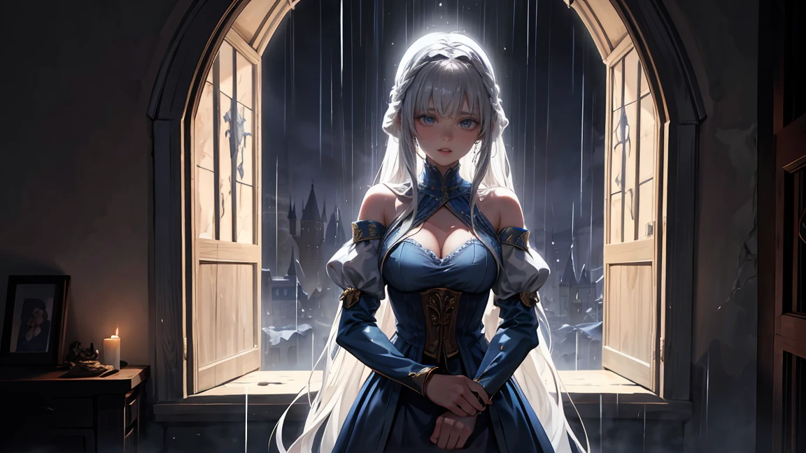 In a medieval European castle, a woman is depicted looking down out of an old stone window. She is wearing a long dress and her hair is loosely tied back. Outside the window, heavy rain is pouring down and lightning illuminates the sky. The sound of rain and thunder echoes through the castle, creating a somber and heavy atmosphere.