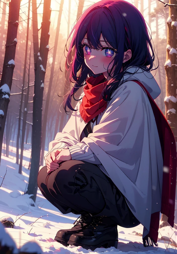aihoshino, Ai Hoshino, Long Hair, bangs, (Purple eyes:1.1), Purple Hair, (Symbol-shaped pupil:1.5), smile,,smile,blush,white breath,
Open your mouth,snow,Ground bonfire, Outdoor, boots, snowing, From the side, wood, suitcase, Cape, Blurred, , forest, White handbag, nature, Squat, Mouth closed, Cape, winter, Written boundary depth, Black shoes, red Cape break looking at viewer, Upper Body, whole body, break Outdoor, forest, nature, break (masterpiece:1.2), Highest quality, High resolution, unity 8k wallpaper, (shape:0.8), (Beautiful and beautiful eyes:1.6), Highly detailed face, Perfect lighting, Highly detailed CG, (Perfect hands, Perfect Anatomy),