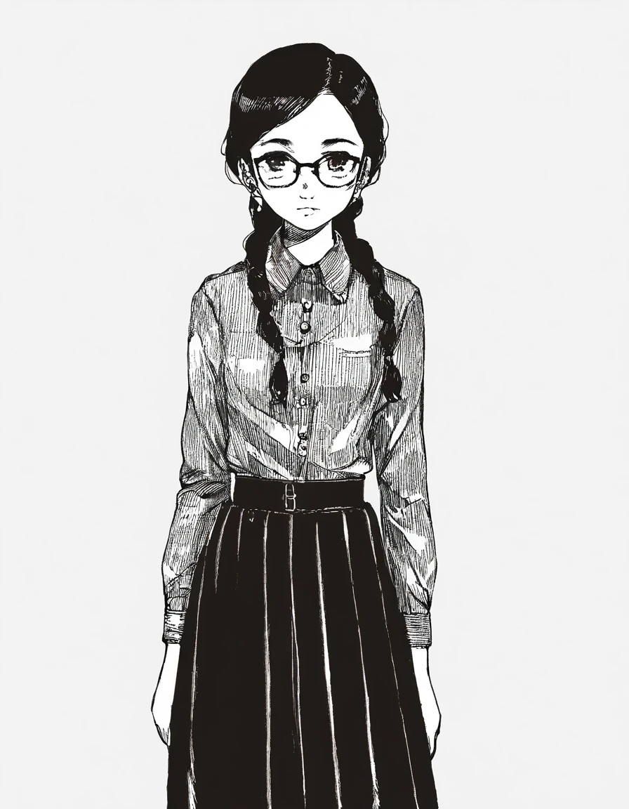 teenage, sp1t, monochrome, hyper detailed hatching shading, 1girl,solo,arm behind back,arms at sides,looking at viewer, standing,dark hair, braids,earrings,,glasses, collared shirt,long sleeves,black skirt, simple background, upper body,
