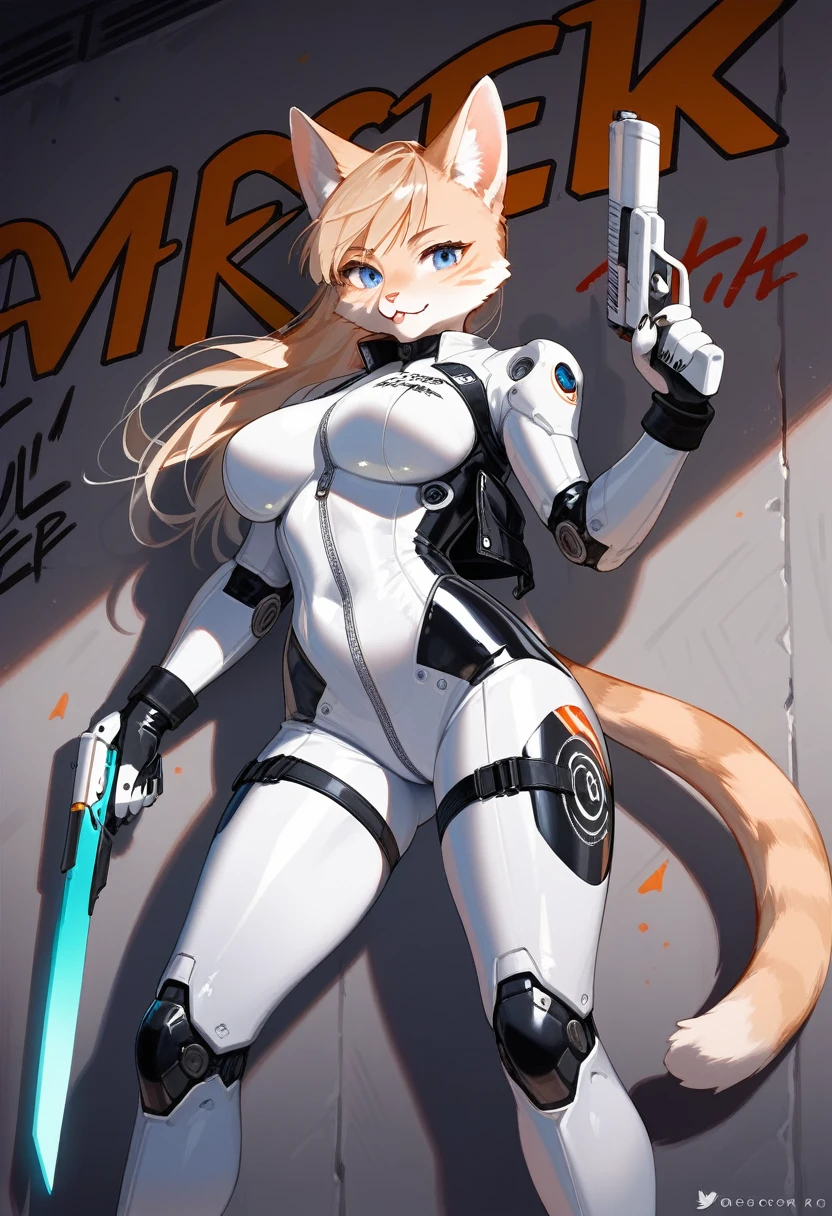 animation, Highest quality, Highest quality, High quality illustrations, masterpiece, Ultra-high resolution, Detailed Background, cyber cafe, Graffiti art on the wall, Absurd, Perfect Anatomy, performance, Good lighting, Shadows in the movies(kemono, Furry PersonifiCation), Cat, woman, Blueskin, White Rubber Suit, latex, neon, neonライト, neonカラー, Bodysuits, Cyber Suit, Mech Suit, Rubber Half Jacket, cyber punk, Blade Runner, He has a gun in his right hand, Holding a blade in his left hand