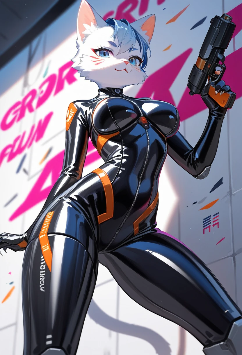 animation, Highest quality, Highest quality, High quality illustrations, masterpiece, Ultra-high resolution, Detailed Background, cyber cafe, Graffiti art on the wall, Absurd, Perfect Anatomy, performance, Good lighting, Shadows in the movies(kemono, Furry PersonifiCation), Cat, woman, Blueskin, White Rubber Suit, latex, neon, neonライト, neonカラー, Bodysuits, Cyber Suit, Mech Suit, Rubber Half Jacket, cyber punk, Blade Runner, He has a gun in his right hand, Holding a blade in his left hand
