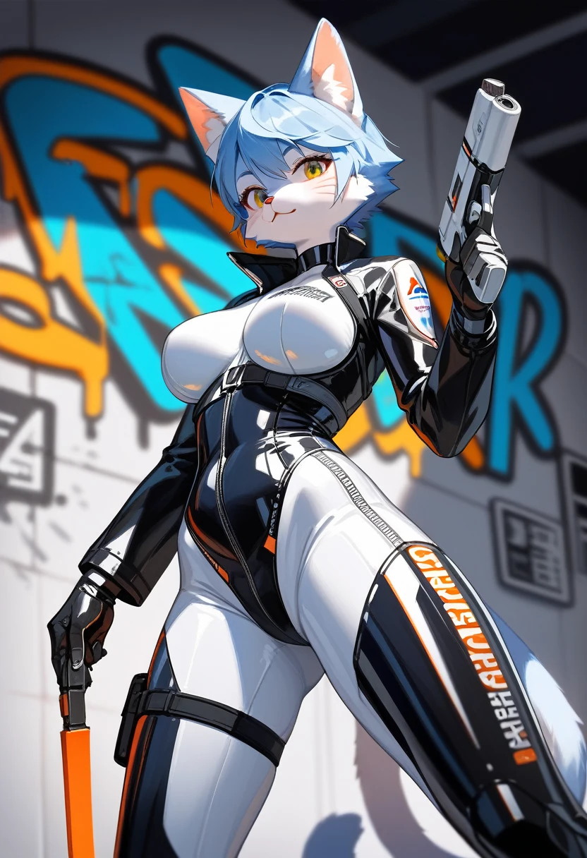 animation, Highest quality, Highest quality, High quality illustrations, masterpiece, Ultra-high resolution, Detailed Background, cyber cafe, Graffiti art on the wall, Absurd, Perfect Anatomy, performance, Good lighting, Shadows in the movies(kemono, Furry PersonifiCation), Cat, woman, Blueskin, White Rubber Suit, latex, neon, neonライト, neonカラー, Bodysuits, Cyber Suit, Mech Suit, Rubber Half Jacket, cyber punk, Blade Runner, He has a gun in his right hand, Holding a blade in his left hand