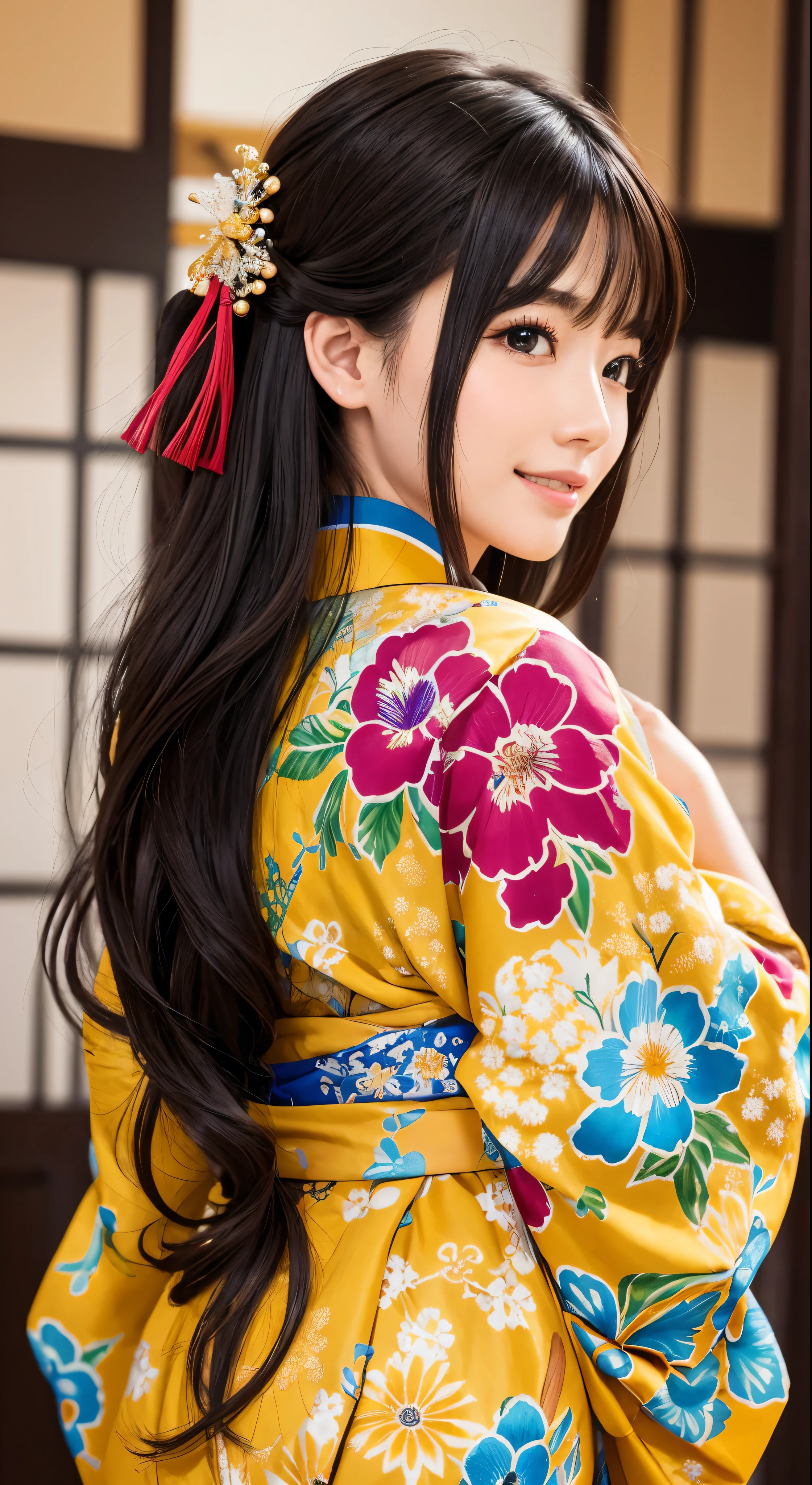 with high definition imageasterpiece、Highest quality、16K 、 Accurate kimono dressing in a Japanese-style room、One person、Enchanting　Beautiful face smiling、Beautiful woman in yellow floral kimono、Red obi kimono、Brown hair cascading down her back、Blue eyes sparkling with admiration、Her long hair flows gently back，Full body high quality images。Facial details