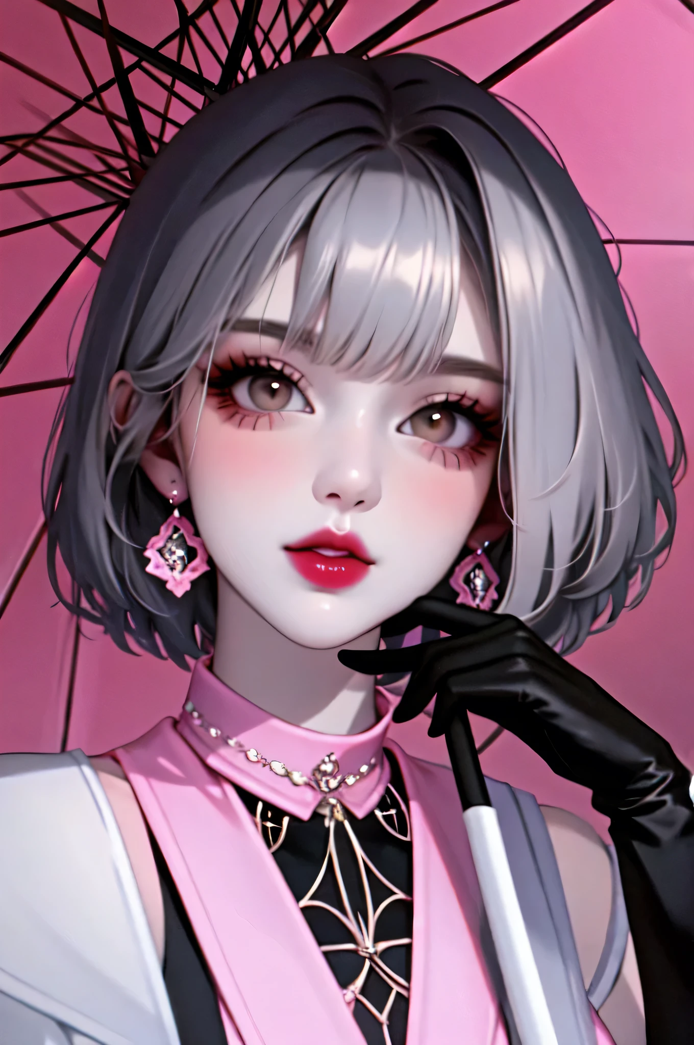 1 girl, looking at the viewer, Alone, has, lipstick, pink lips, short hair, dress, black gloves, black umbrella, make up, monochrome, White background, earrings, collar, Upper part of the body, direct color, hair over the shoulder,Dark theme,bright,bright skin,milf,(young woman:1.2), 