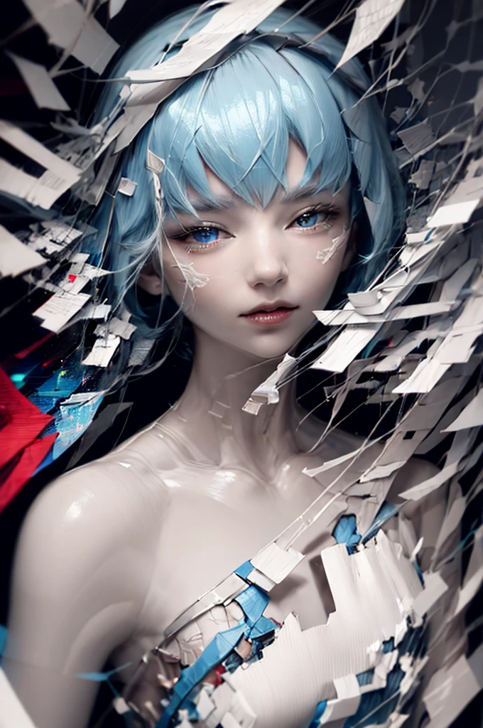 Masterpiece, Best Quality, 8K, Detailed Skin Texture, Detailed Cloth Texture, Beautiful Detail Face, Intricate Detail, Ultra Detailed, Portrait of Rei Ayanami, Blue Hair, Red Eyes, Head Tilt, No Background