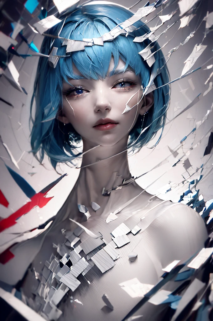 Masterpiece, Best Quality, 8K, Detailed Skin Texture, Detailed Cloth Texture, Beautiful Detail Face, Intricate Detail, Ultra Detailed, Portrait of Rei Ayanami, Blue Hair, Red Eyes, Head Tilt, No Background