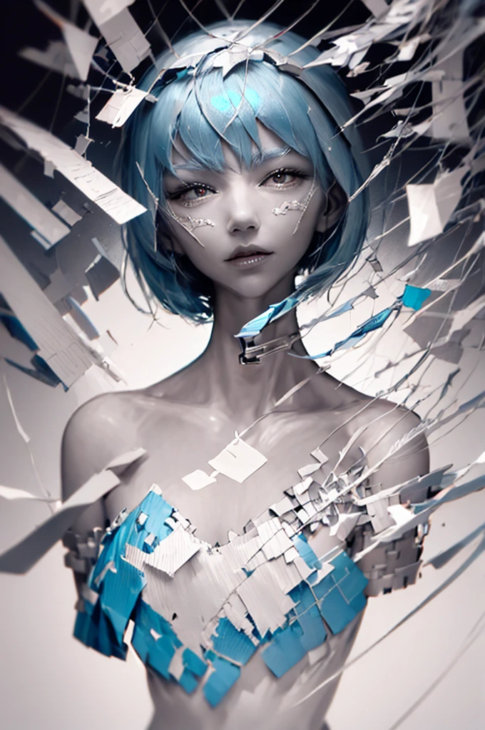 Masterpiece, Best Quality, 8K, Detailed Skin Texture, Detailed Cloth Texture, Beautiful Detail Face, Intricate Detail, Ultra Detailed, Portrait of Rei Ayanami, Blue Hair, Red Eyes, Head Tilt, No Background