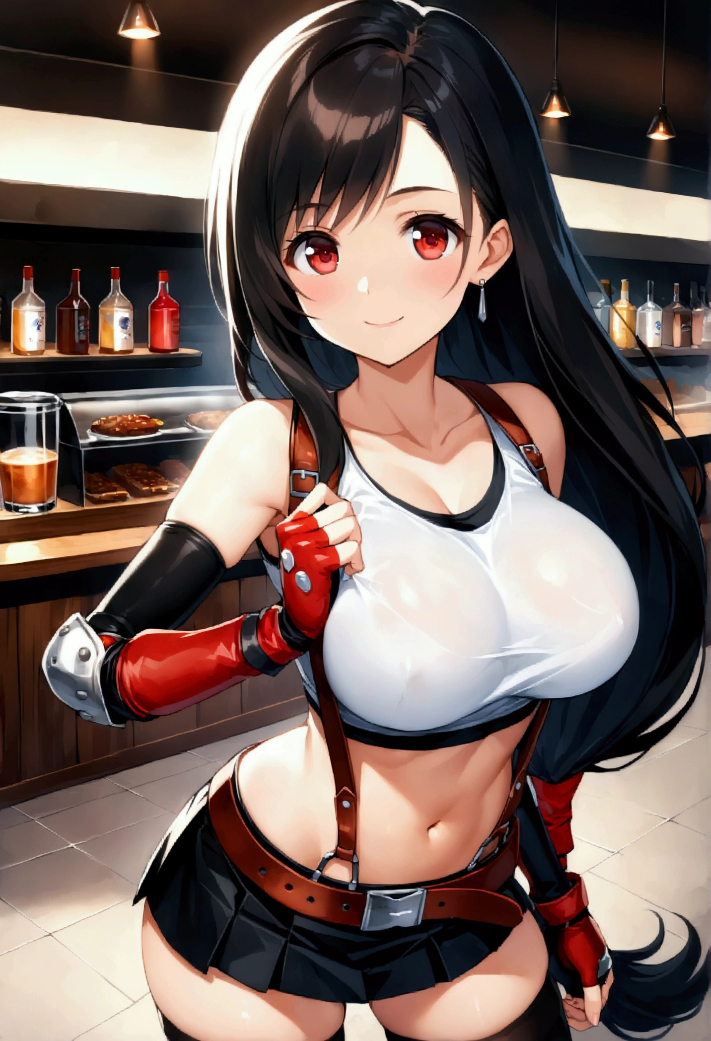 score_9, score_8_up, score_7_up,,8k,rating_safe BREAK ,(source_anime).,,breast focus,standing,contrapost pose,(upperbody),looking_at_viewer ,1girl, tifa lockhart, final fantasy, tareme,black hair, low-tied long hair, red eyes, bangs, (white tank top, belt, pleated skirt, thighhighs, elbow fingerless gloves, elbow pads, midriff, navel,suspender skirt) ,large_breasts,(light smile),,,Solo,,(daytime and cafebar),slender_waist,(best quality),(aesthetic,very aesthetic),(HDR,maximum detail),superior contrast.depth of field,(illustration),Retrospective,