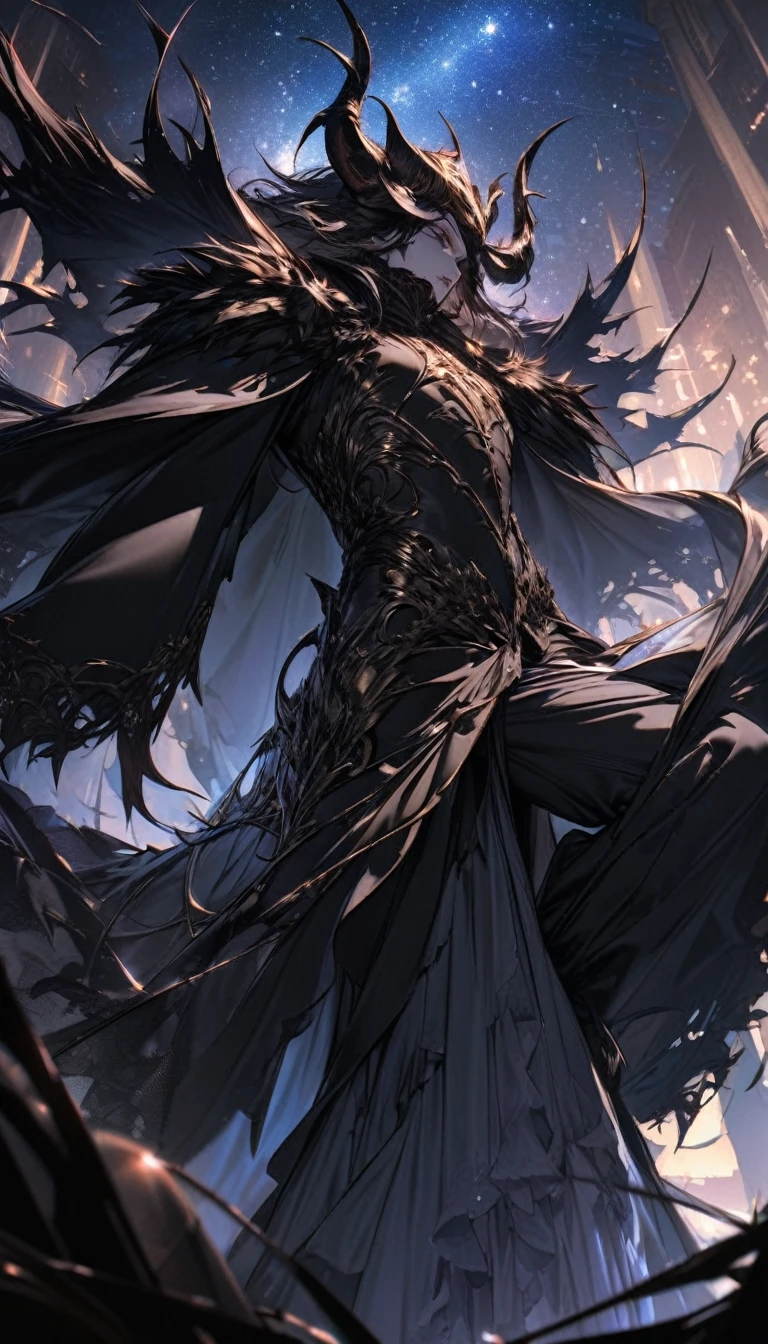 best quality, Ultra-high quality, 16K, Ridiculous, Very detailed, Delicate and dynamic, mysterious,A man looking up at the starry sky,Costume,The devil is standing behind,Background Chang'an night scene,The Glory of the Magic Circle,The character is at the bottom of the screen,Vision,