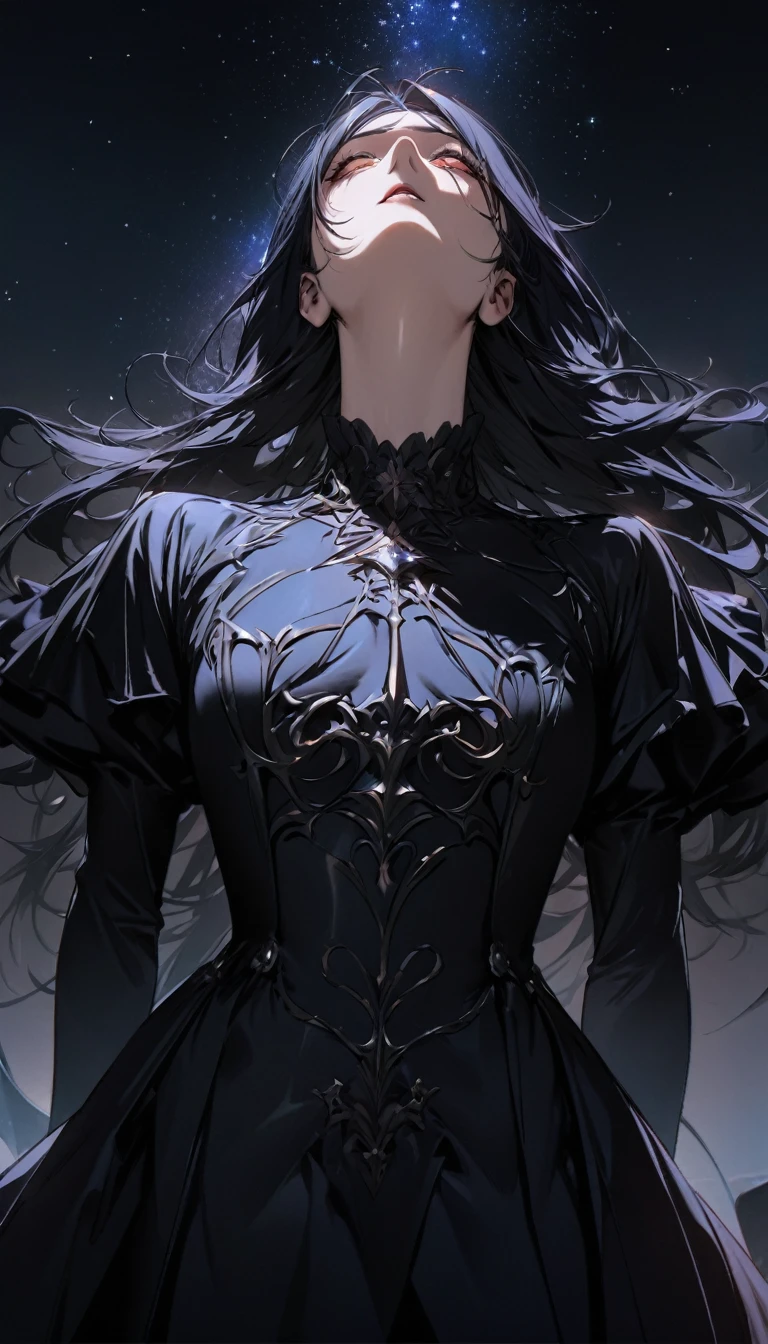 best quality, Ultra-high quality, 16K, Ridiculous, Very detailed, Delicate and dynamic, mysterious,A man looking up at the starry sky，Costume，The devil is standing behind，Background Chang&#39;an night scene，The Glory of the Magic Circle，The character is at the bottom of the screen，Vision，