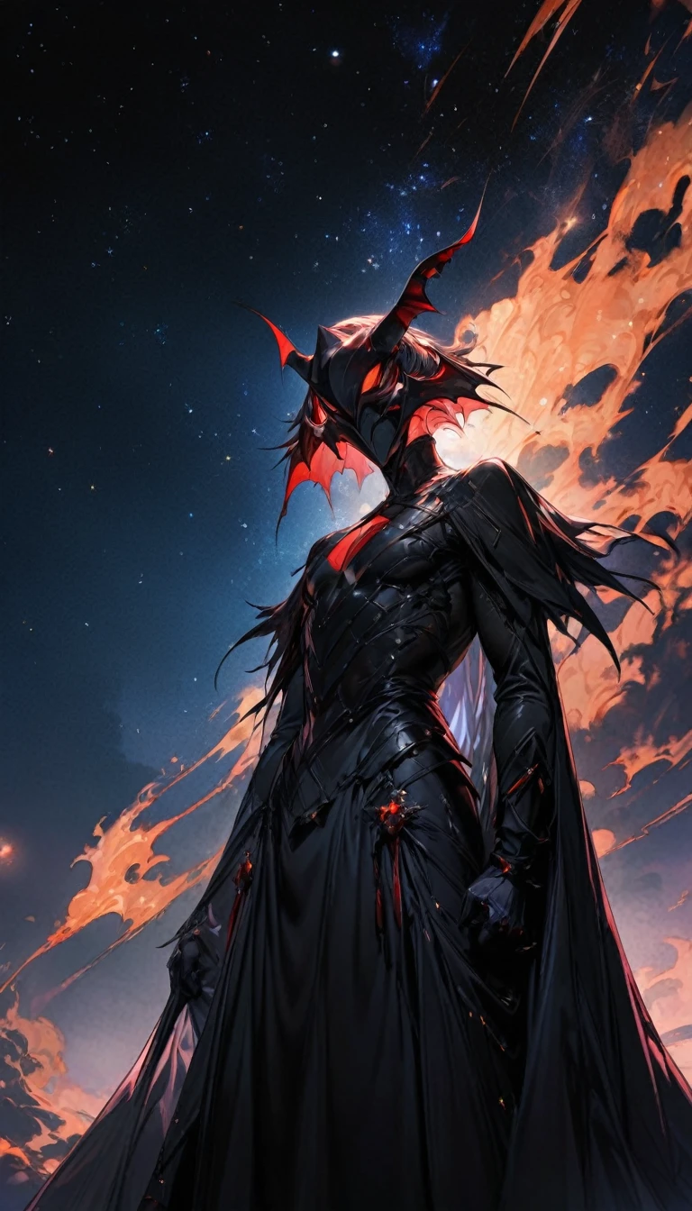 best quality, Ultra-high quality, 16K, Ridiculous, Very detailed, Delicate and dynamic, mysterious,A man looking up at the starry sky,Costume,The devil is standing behind,Background Chang'an night scene,The Glory of the Magic Circle,The character is at the bottom of the screen,Vision,
